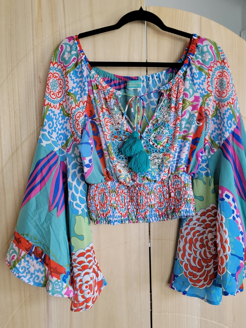 Embroidered Smocked Tassel Boho Camisole - Teal Multi